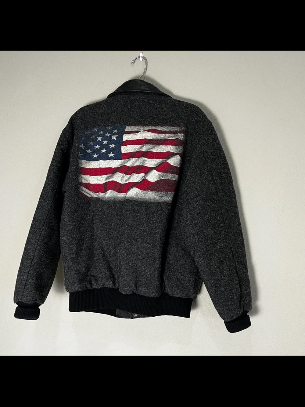 American Flag Wool Leather Bomber Jacket Gray Independence Patriot EUC Men Sz S